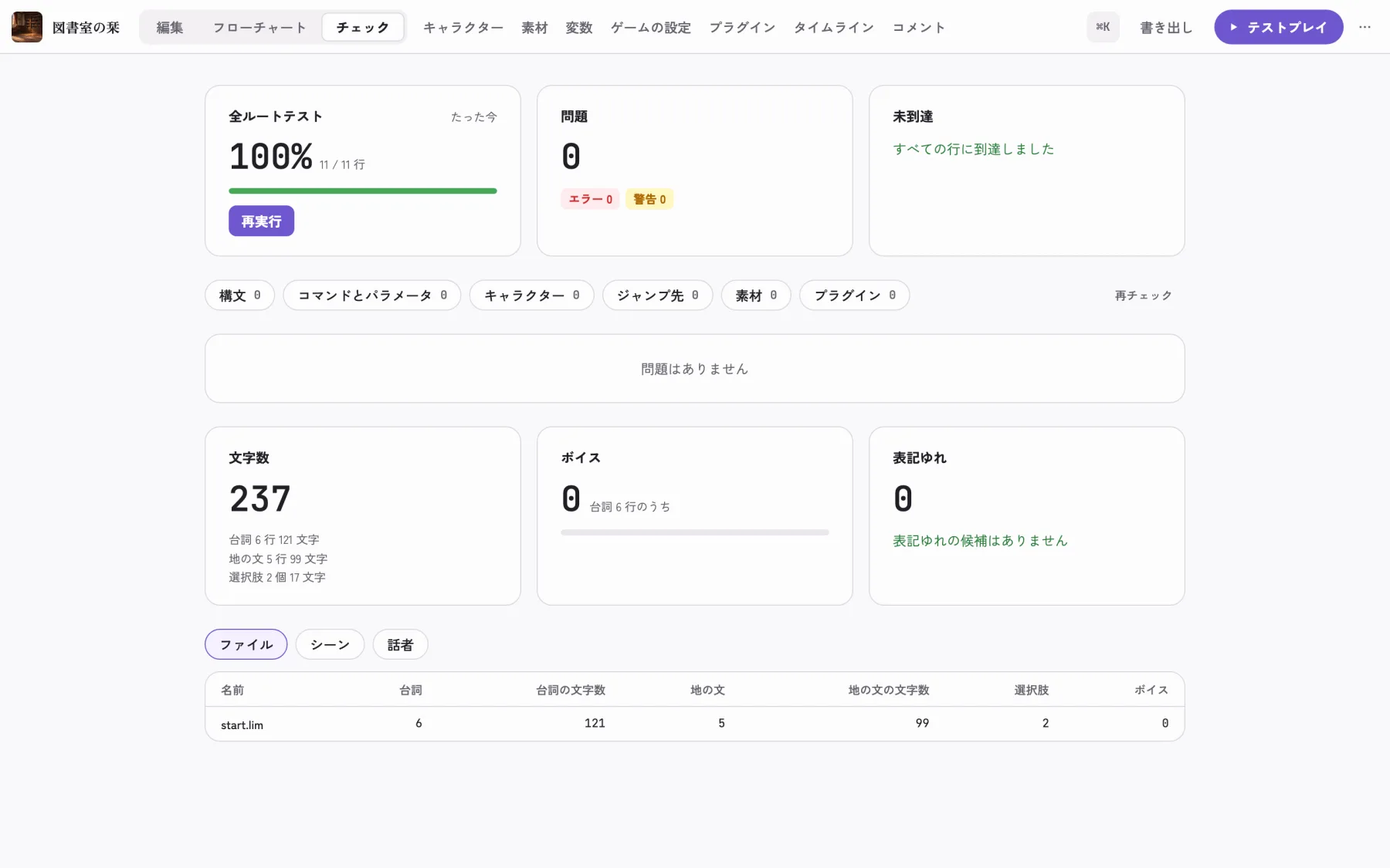 チェックの画面。全ルートテストを実行したところ